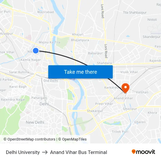 Delhi University to Anand Vihar Bus Terminal map