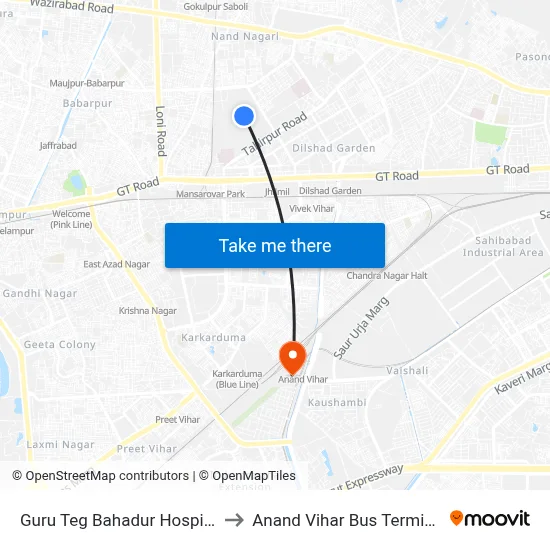 Guru Teg Bahadur Hospital to Anand Vihar Bus Terminal map