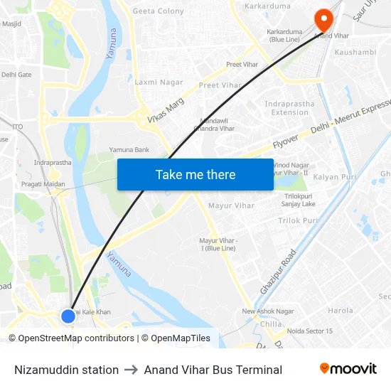 Nizamuddin station to Anand Vihar Bus Terminal map
