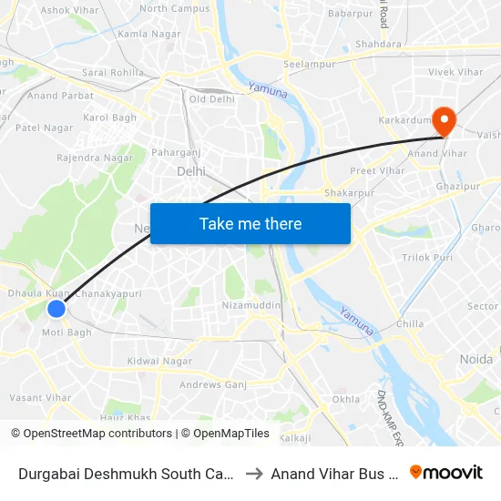 Durgabai Deshmukh South Campus Station to Anand Vihar Bus Terminal map