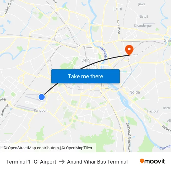 Terminal 1 IGI Airport to Anand Vihar Bus Terminal map