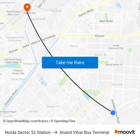 Noida Sector 52 Station to Anand Vihar Bus Terminal map