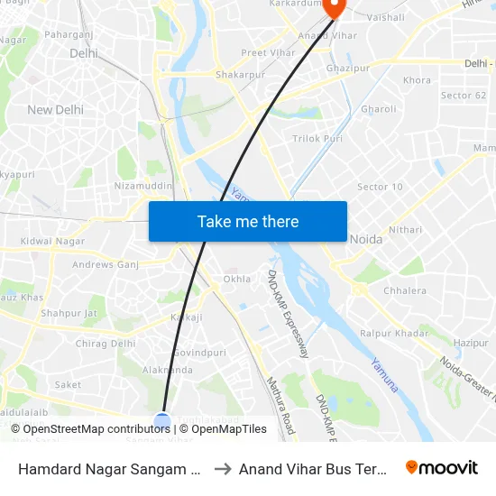 Hamdard Nagar Sangam Vihar to Anand Vihar Bus Terminal map