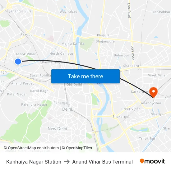 Kanhaiya Nagar Station to Anand Vihar Bus Terminal map