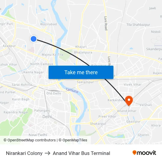 Nirankari Colony to Anand Vihar Bus Terminal map