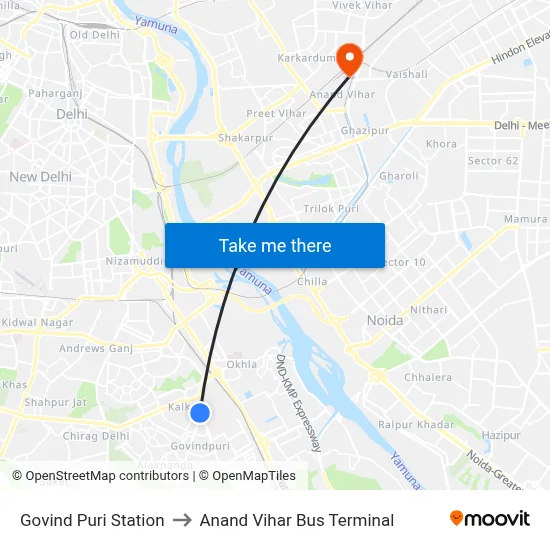 Govind Puri Station to Anand Vihar Bus Terminal map