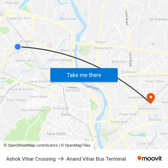 Ashok Vihar Crossing to Anand Vihar Bus Terminal map