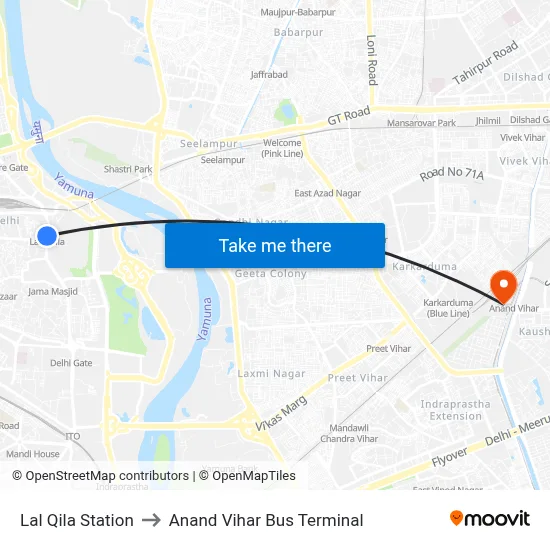 Lal Qila Station to Anand Vihar Bus Terminal map