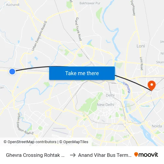 Ghevra Crossing Rohtak Road to Anand Vihar Bus Terminal map