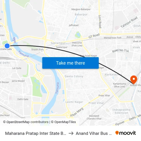 Maharana Pratap Inter State Bus Terminus to Anand Vihar Bus Terminal map