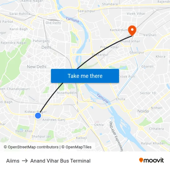 Aiims to Anand Vihar Bus Terminal map