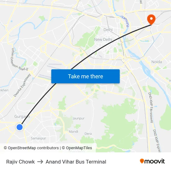 Rajiv Chowk to Anand Vihar Bus Terminal map