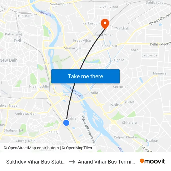 Sukhdev Vihar Bus Station to Anand Vihar Bus Terminal map