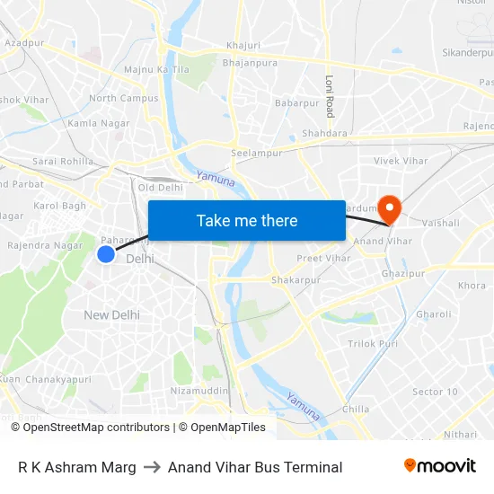 R K Ashram Marg to Anand Vihar Bus Terminal map