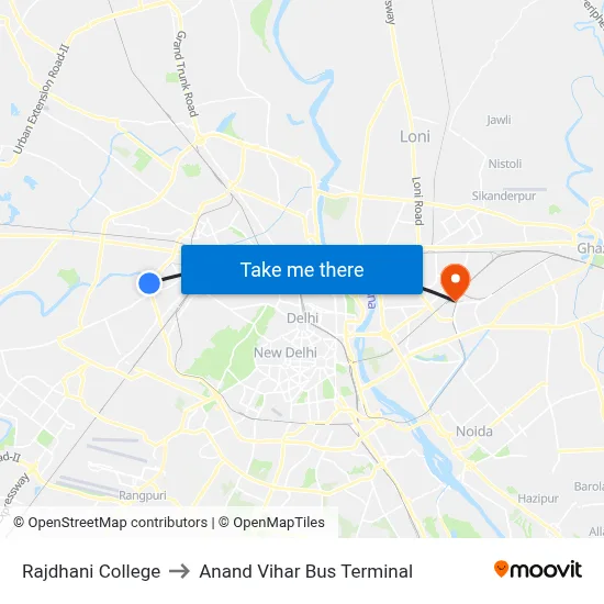 Rajdhani College to Anand Vihar Bus Terminal map