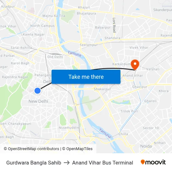 Gurdwara Bangla Sahib to Anand Vihar Bus Terminal map