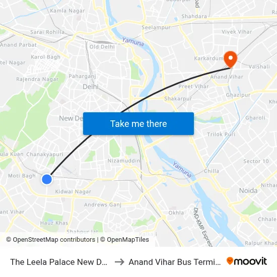 The Leela Palace New Delhi to Anand Vihar Bus Terminal map