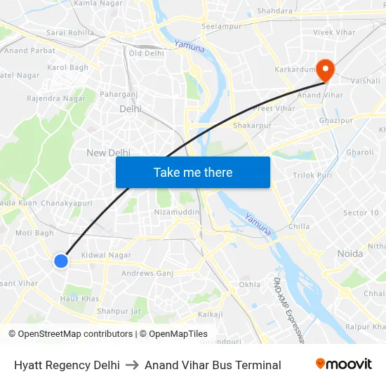 Hyatt Regency Delhi to Anand Vihar Bus Terminal map