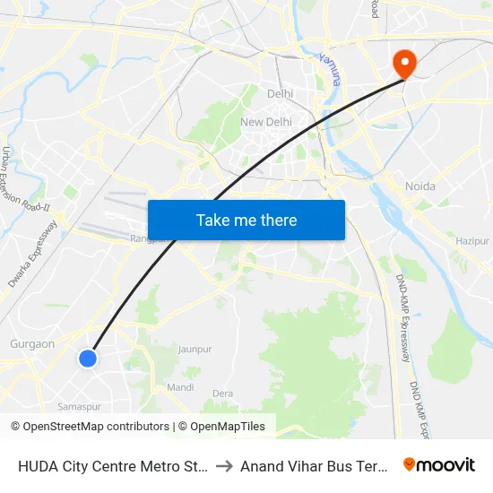 HUDA City Centre Metro Station to Anand Vihar Bus Terminal map