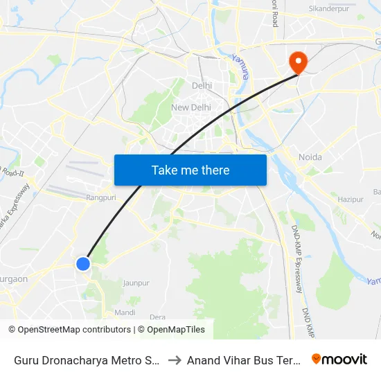 Guru Dronacharya Metro Station to Anand Vihar Bus Terminal map