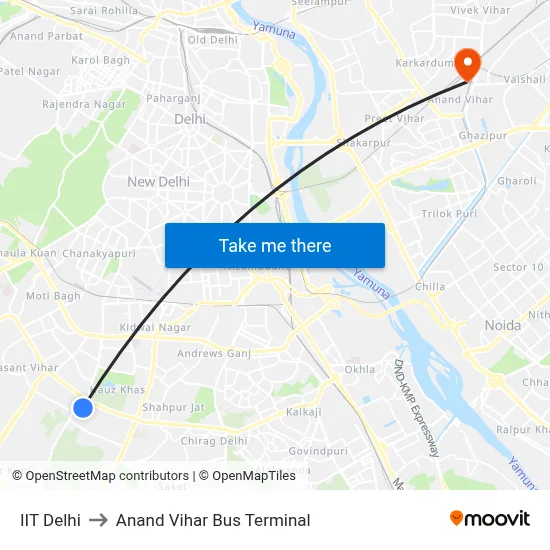 IIT Delhi to Anand Vihar Bus Terminal map