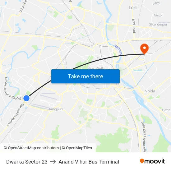 Dwarka Sector 23 to Anand Vihar Bus Terminal map