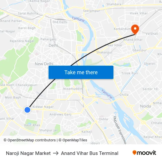 Naroji Nagar Market to Anand Vihar Bus Terminal map