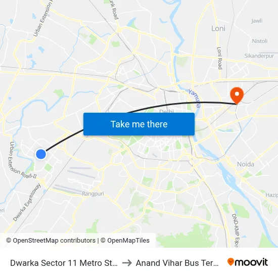 Dwarka Sector 11 Metro Station to Anand Vihar Bus Terminal map