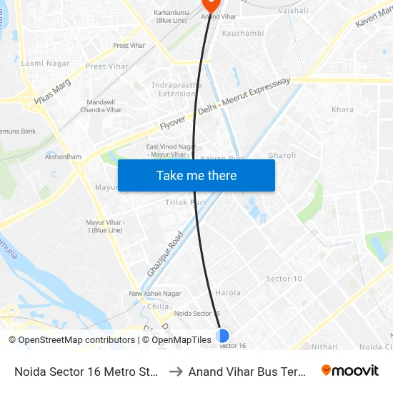 Noida Sector 16 Metro Station to Anand Vihar Bus Terminal map