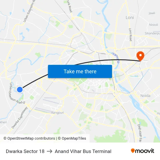 Dwarka Sector 18 to Anand Vihar Bus Terminal map