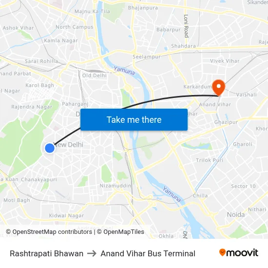Rashtrapati Bhawan to Anand Vihar Bus Terminal map