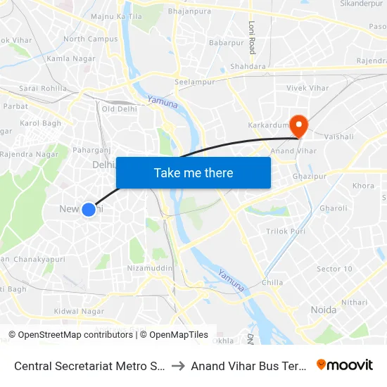 Central Secretariat Metro Station to Anand Vihar Bus Terminal map