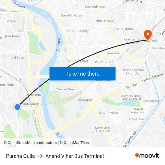 Purana Quila to Anand Vihar Bus Terminal map