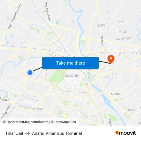 Tihar Jail to Anand Vihar Bus Terminal map