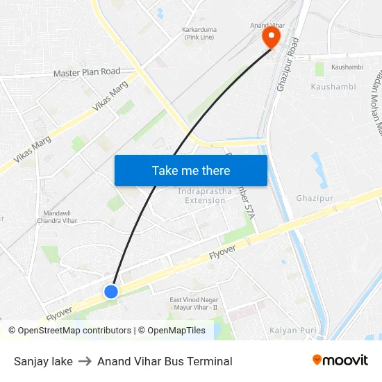 Sanjay lake to Anand Vihar Bus Terminal map