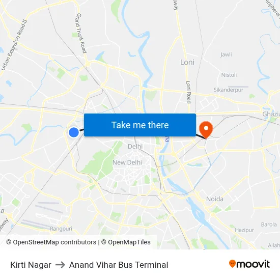 Kirti Nagar to Anand Vihar Bus Terminal map