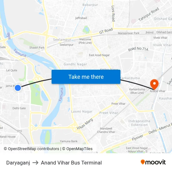 Daryaganj to Anand Vihar Bus Terminal map