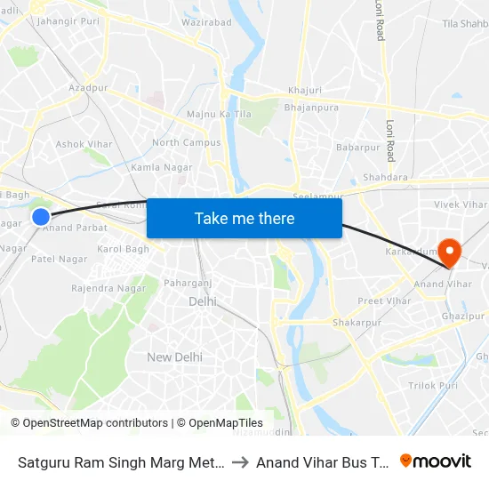 Satguru Ram Singh Marg Metro Station to Anand Vihar Bus Terminal map