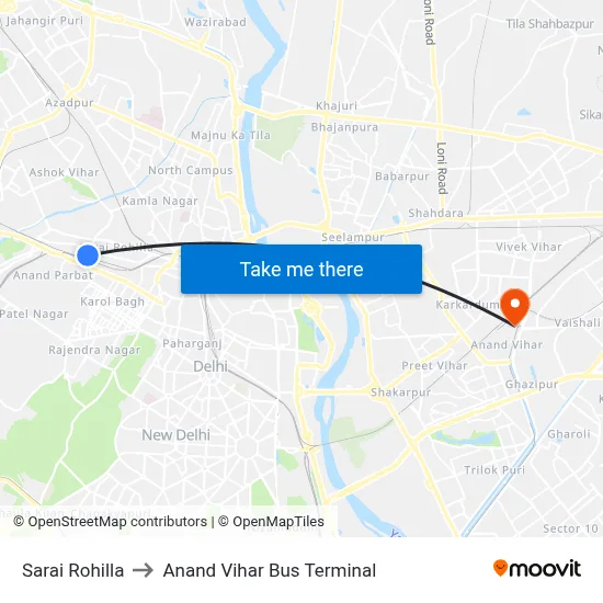Sarai Rohilla to Anand Vihar Bus Terminal map