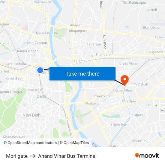 Mori gate to Anand Vihar Bus Terminal map