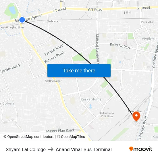 Shyam Lal College to Anand Vihar Bus Terminal map