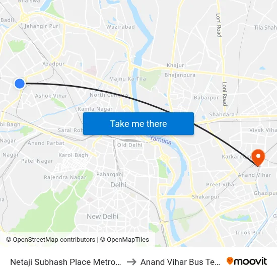 Netaji Subhash Place Metro Station to Anand Vihar Bus Terminal map