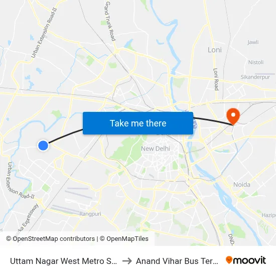Uttam Nagar West Metro Station to Anand Vihar Bus Terminal map