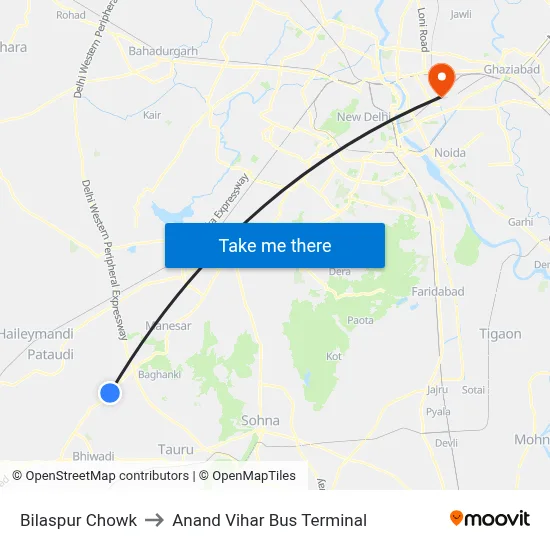 Bilaspur Chowk to Anand Vihar Bus Terminal map