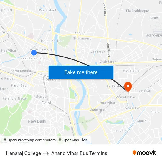 Hansraj College to Anand Vihar Bus Terminal map
