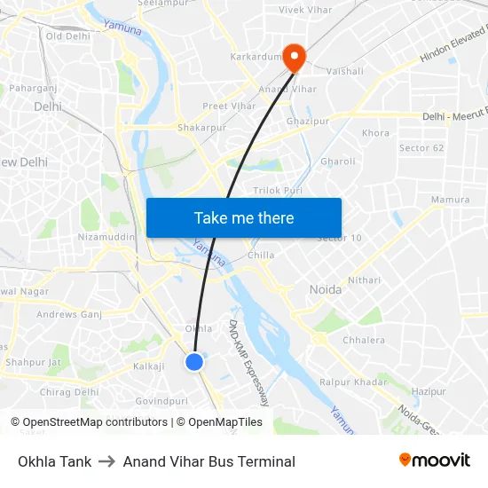 Okhla Tank to Anand Vihar Bus Terminal map