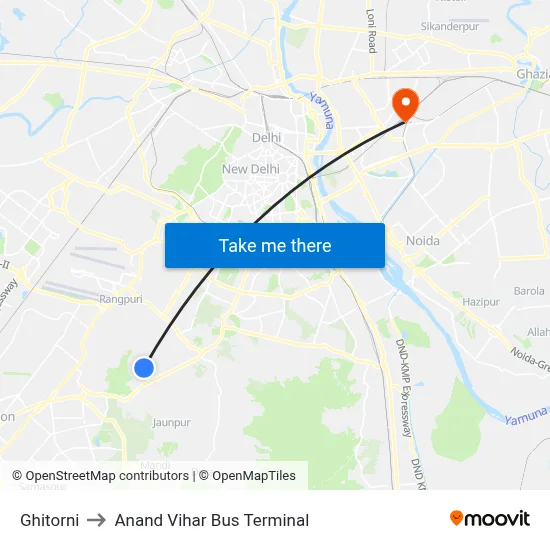 Ghitorni to Anand Vihar Bus Terminal map