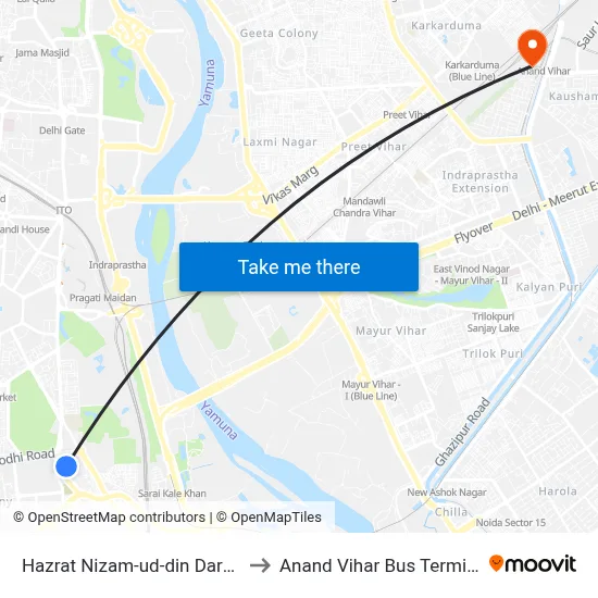 Hazrat Nizam-ud-din Dargah to Anand Vihar Bus Terminal map