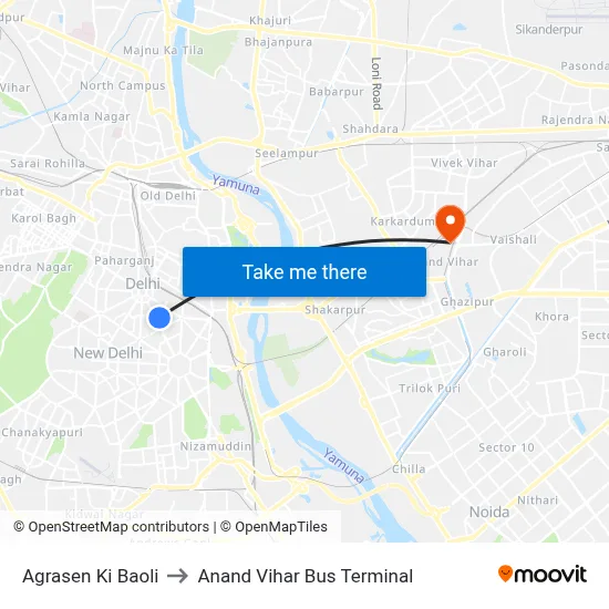 Agrasen Ki Baoli to Anand Vihar Bus Terminal map