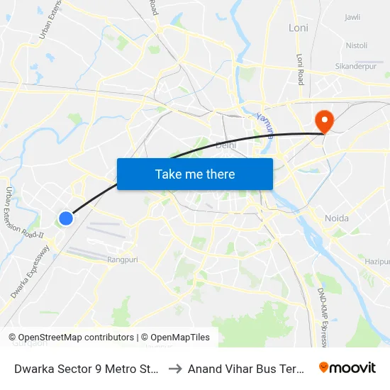Dwarka Sector 9 Metro Station to Anand Vihar Bus Terminal map
